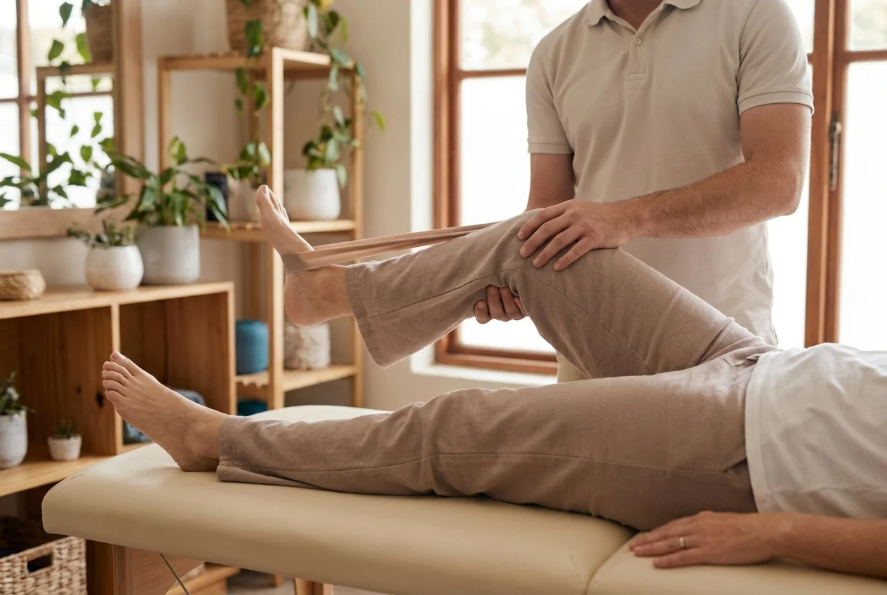 KCM Clinic knee replacement recovery physiotherapy showing patient performing guided rehabilitation exercises