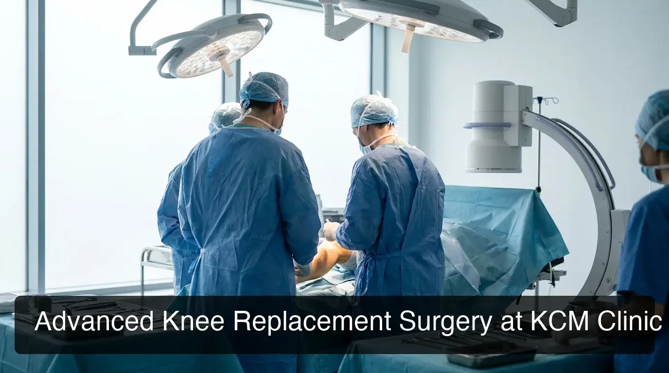 KCM Clinic knee replacement surgery showing orthopaedic surgical team in modern operating theatre