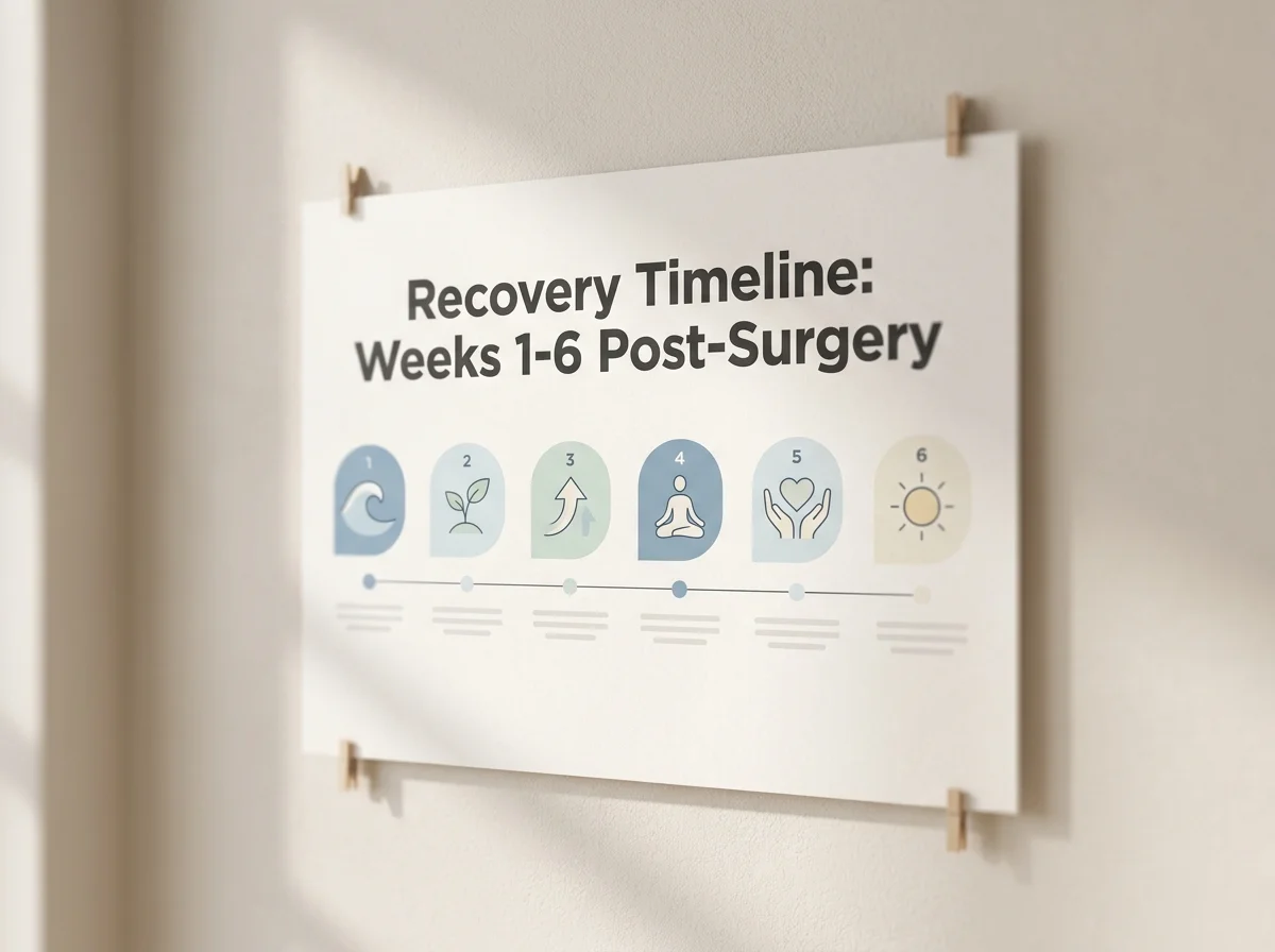 Abdominoplasty recovery timeline showing weeks one through six post-surgery milestones