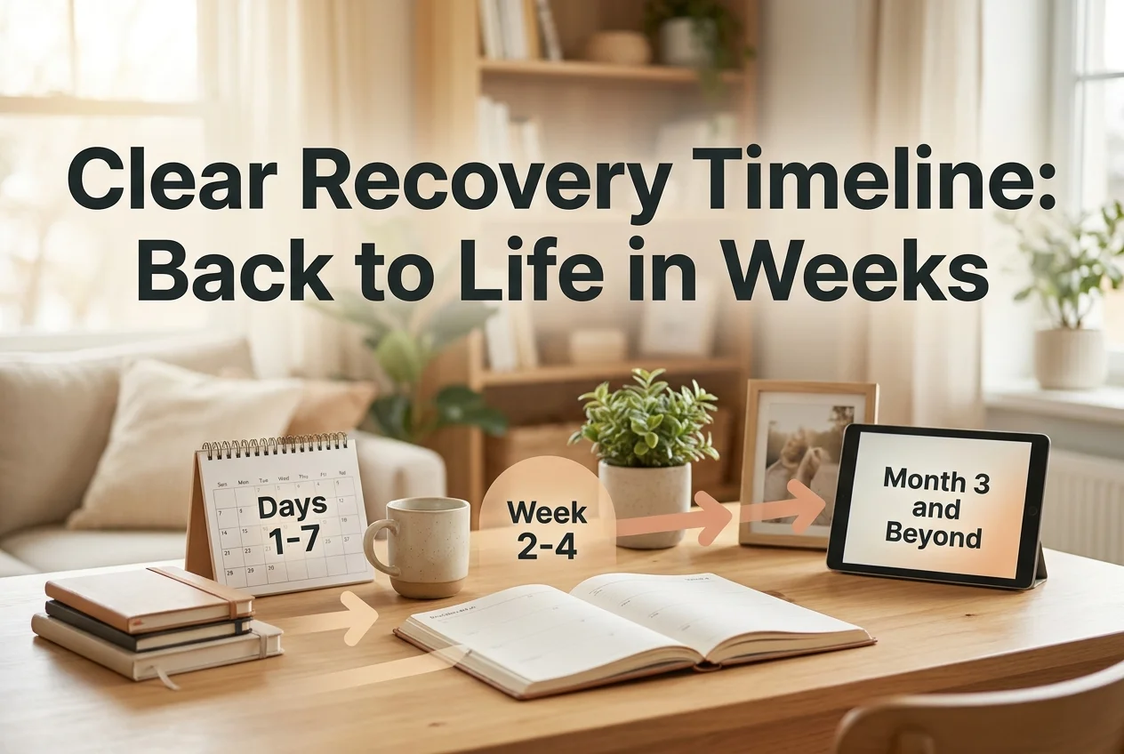 Blepharoplasty recovery timeline graphic showing healing milestones after eyelid surgery in Poland
