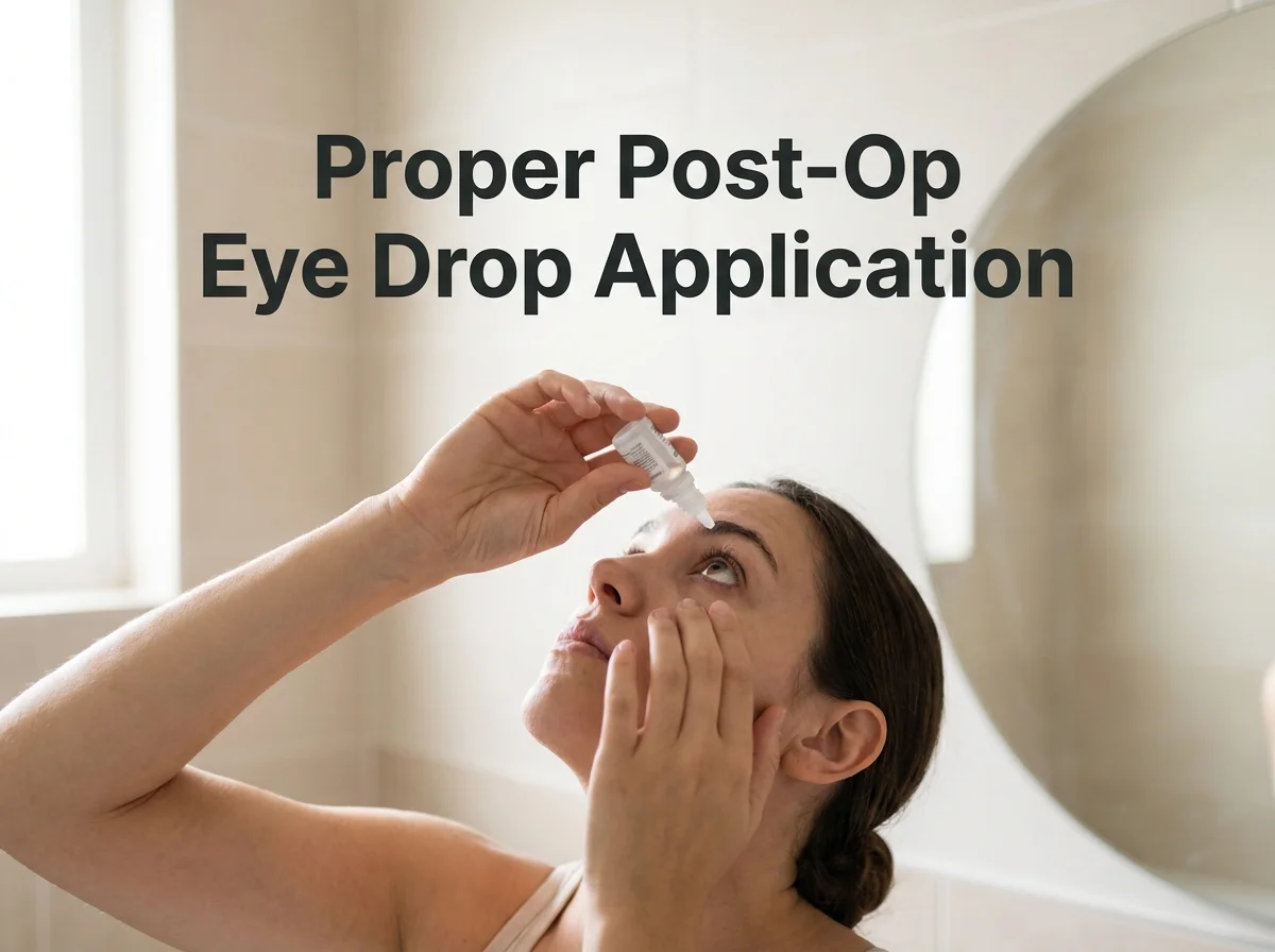 KCM Clinic patient applying prescribed antibiotic eye drops correctly with head tilted back at a bathroom mirror