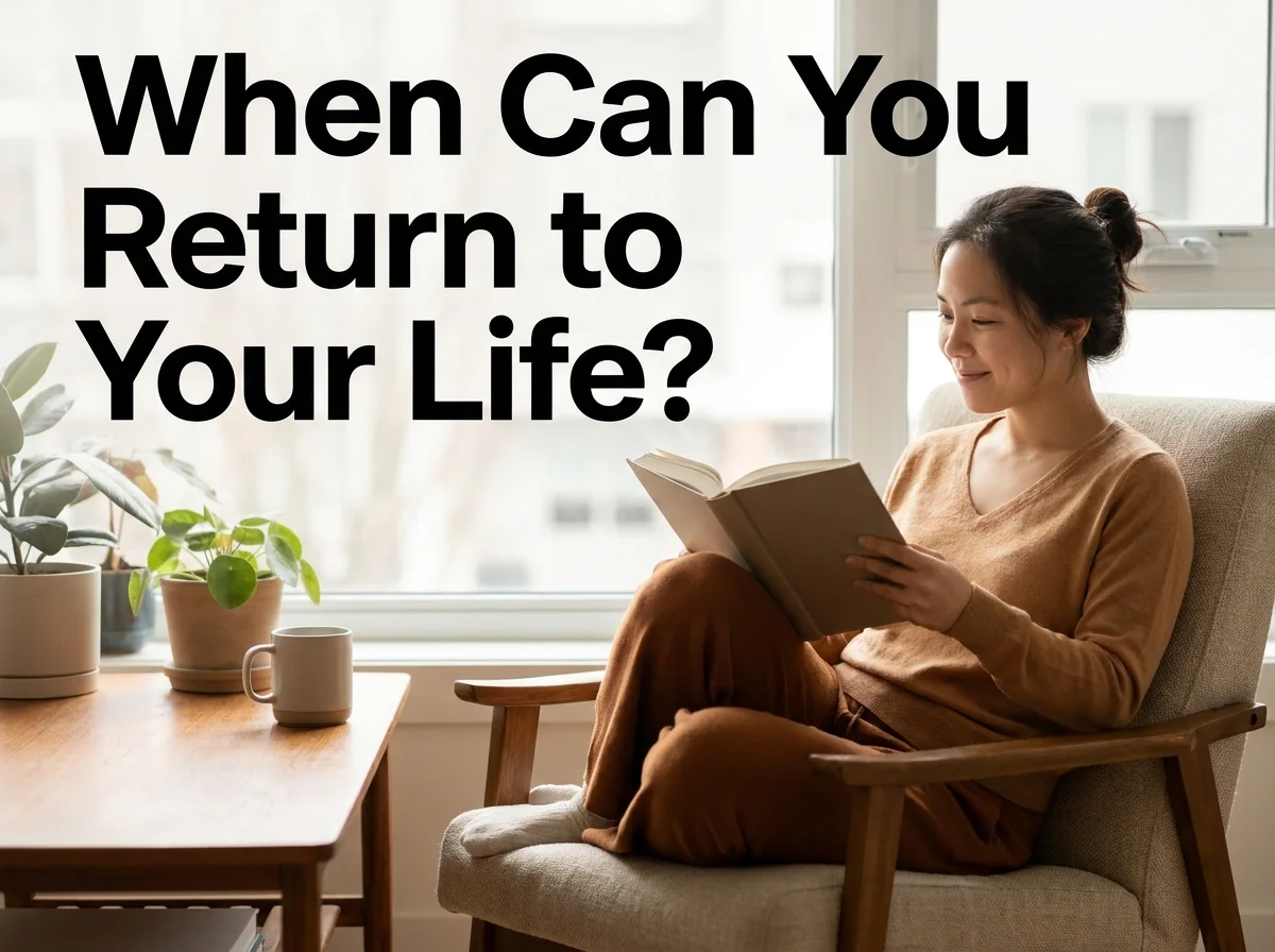 Patient reading comfortably at a desk with visible clear vision, representing return to normal daily activity after cataract surgery