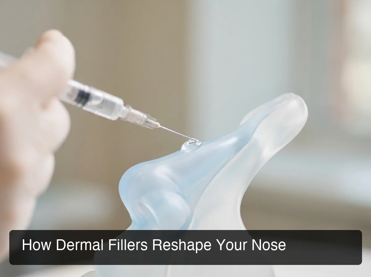Non surgical rhinoplasty dermal filler injection technique shown in close-up medical illustration
