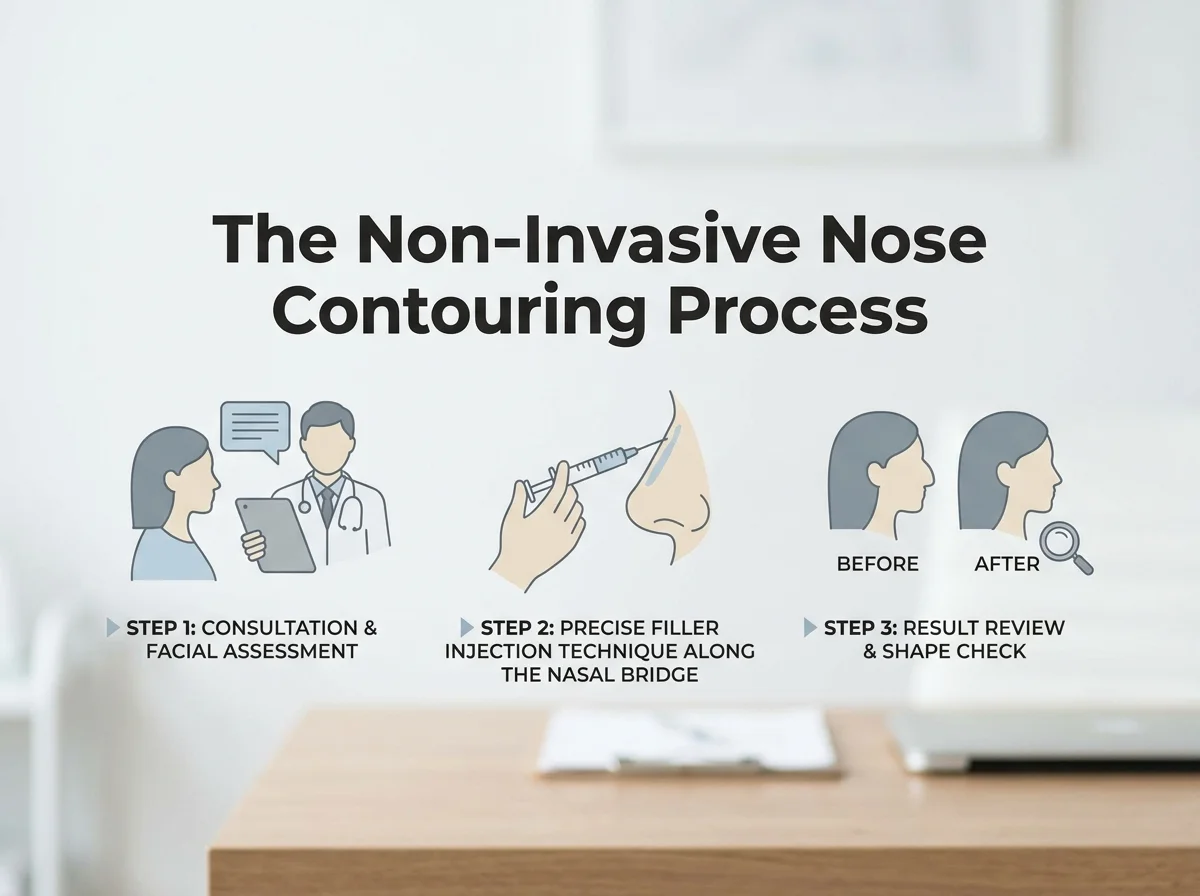 The non-invasive nose contouring process at KCM Clinic showing consultation assessment, filler injection technique, and result review stages