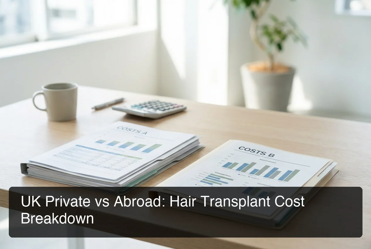 KCM Clinic UK private versus abroad hair transplant cost breakdown chart on a clean office desk