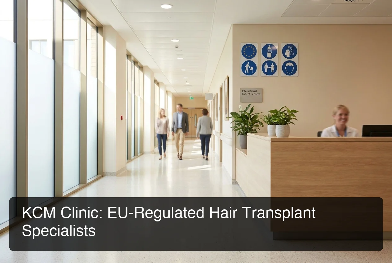 KCM Clinic international patient corridor showing EU regulatory signage in a modern hospital setting