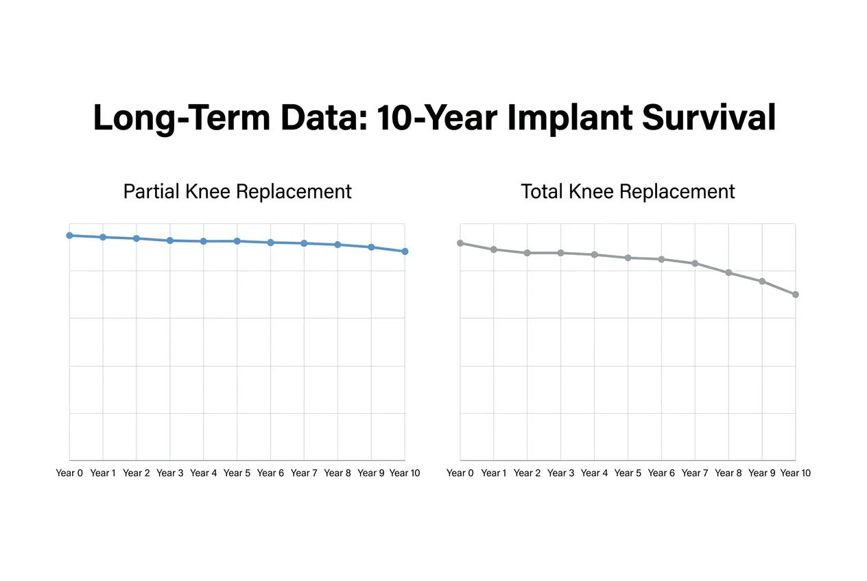 Data visualization comparing 10-year implant survival curves for partial knee replacement versus total knee replacement