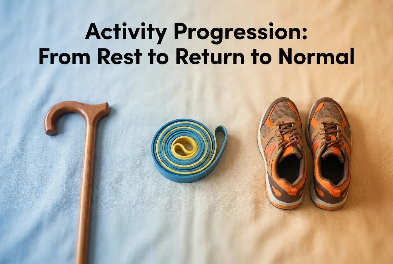 Spine surgery recovery activity progression from a walking cane to resistance band to walking shoes