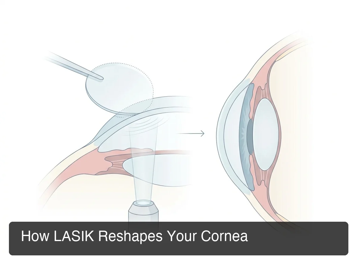 Diagram of LASIK surgery showing corneal flap creation and laser reshaping of the stroma beneath it