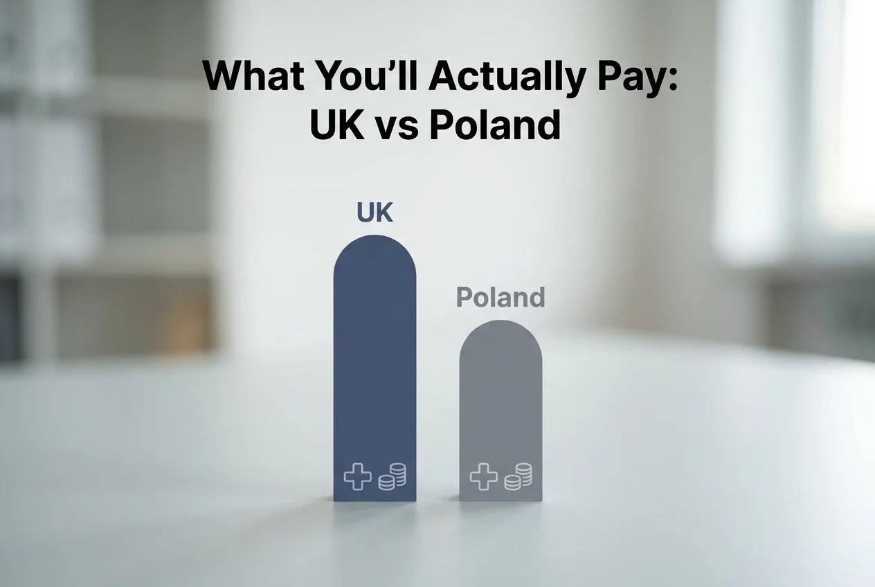 KCM Clinic liposuction Poland cost comparison graphic showing UK vs Poland pricing