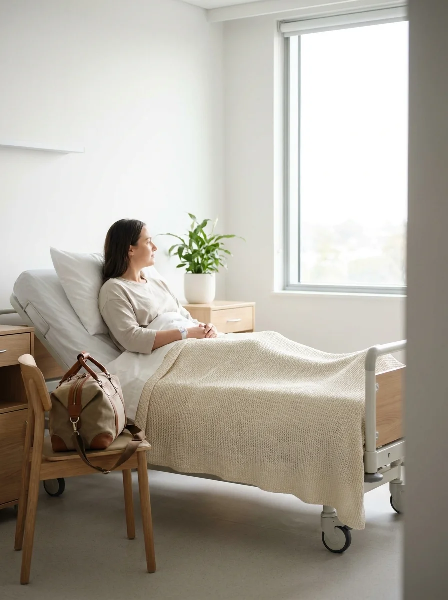 Patient resting in a comfortable recovery room after surgery, with a travel bag nearby