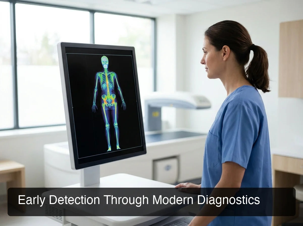 KCM Clinic osteoporosis diagnosis showing DEXA bone density scan in a clinical imaging setting