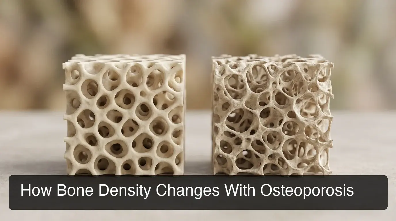 KCM Clinic osteoporosis treatment showing cross-section of healthy versus osteoporotic bone density