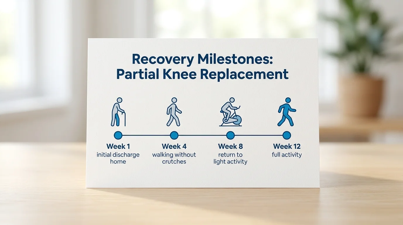 Timeline infographic showing four recovery milestones after partial knee replacement surgery from week 1 to week 12