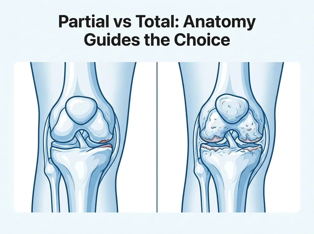 Split-screen medical illustration comparing single-compartment versus multi-compartment knee osteoarthritis for half knee replacement candidacy