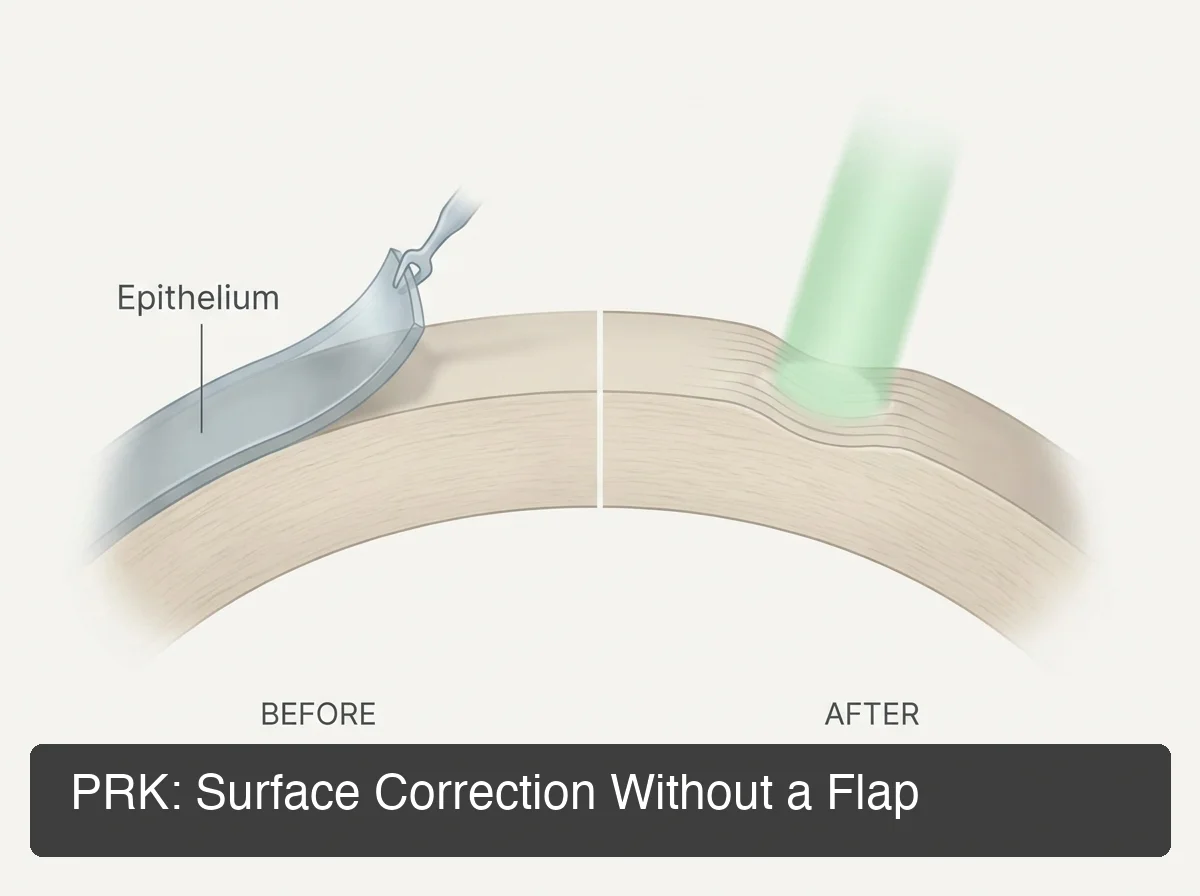 Cross-section diagram of PRK surgery showing the surface epithelium removal and direct laser reshaping of the cornea