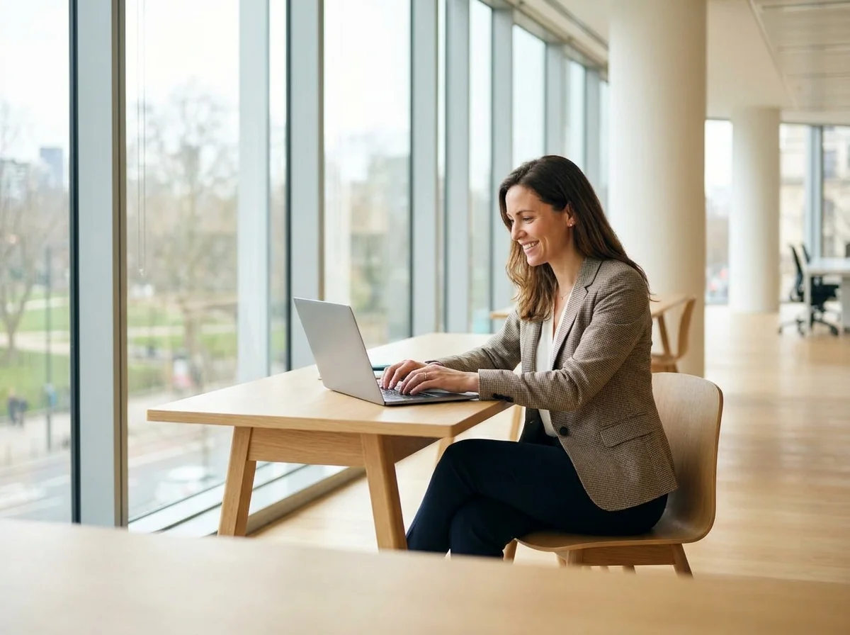 KCM Clinic patient returning to a desk job after laminectomy post-operative care, confident posture at work