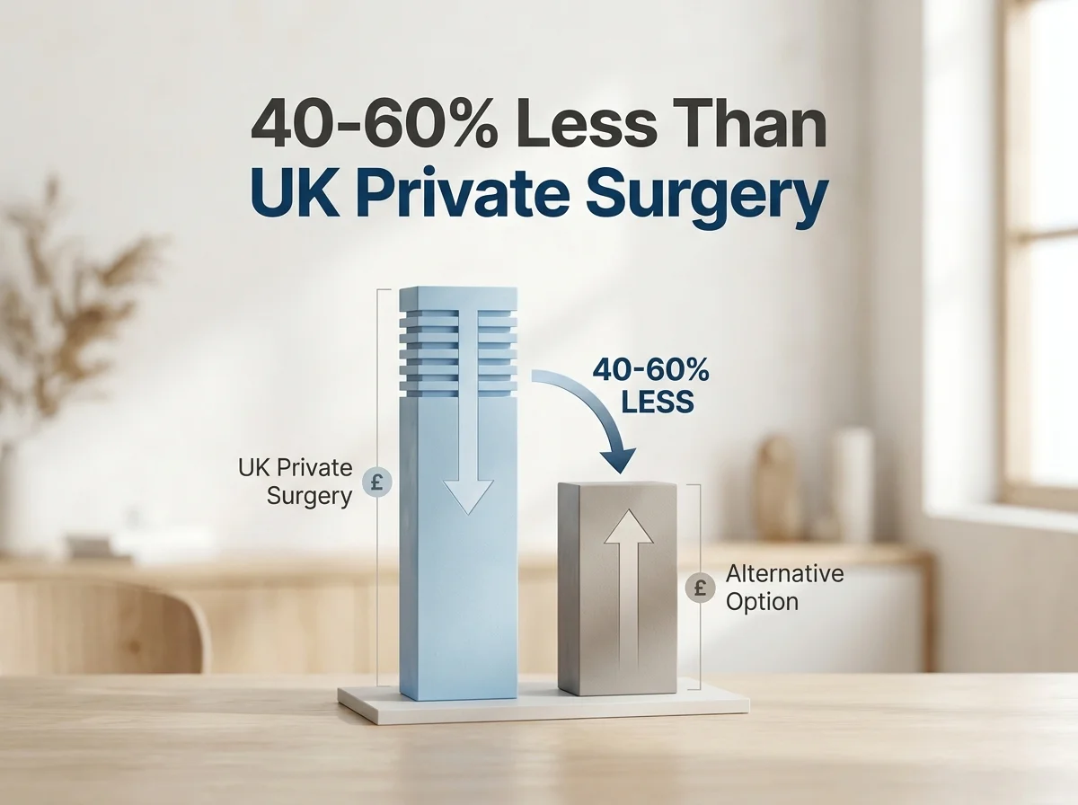 KCM Clinic rhinoplasty cost comparison graphic showing savings versus UK private surgery
