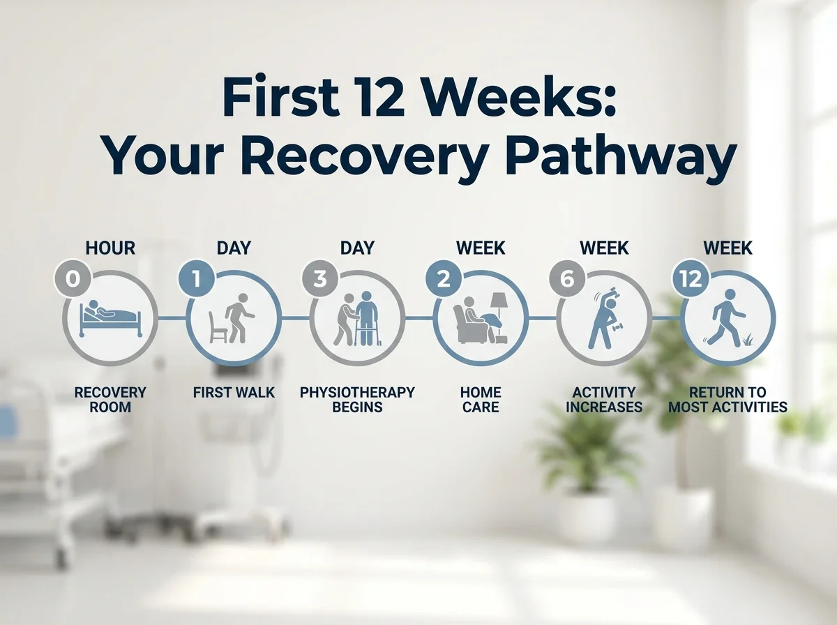 KCM Clinic spine surgery recovery timeline showing post-operative milestones from hour zero to week twelve