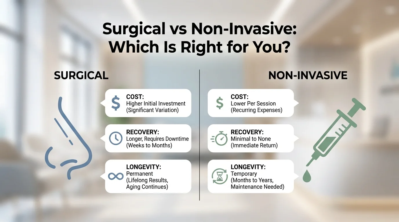 Surgical versus non invasive rhinoplasty comparison graphic showing cost, recovery, and longevity differences at KCM Clinic