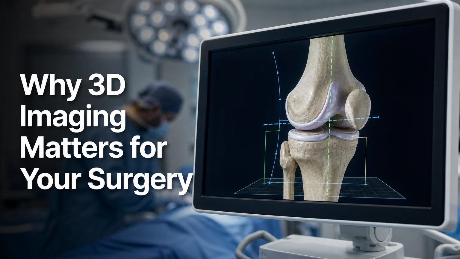 Close-up of a modern surgical imaging display showing real-time 3D visualisation during an orthopaedic procedure