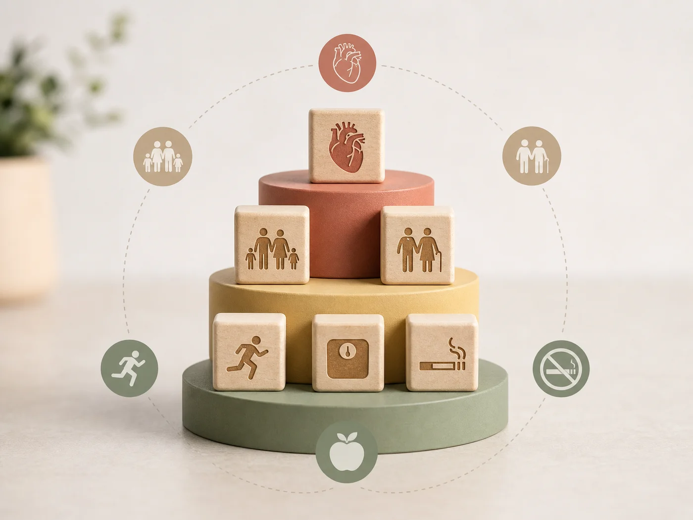 KCM Clinic AAA risk factor visualization showing layered icons for age, family history, and lifestyle factors that raise abdominal aortic aneurysm risk