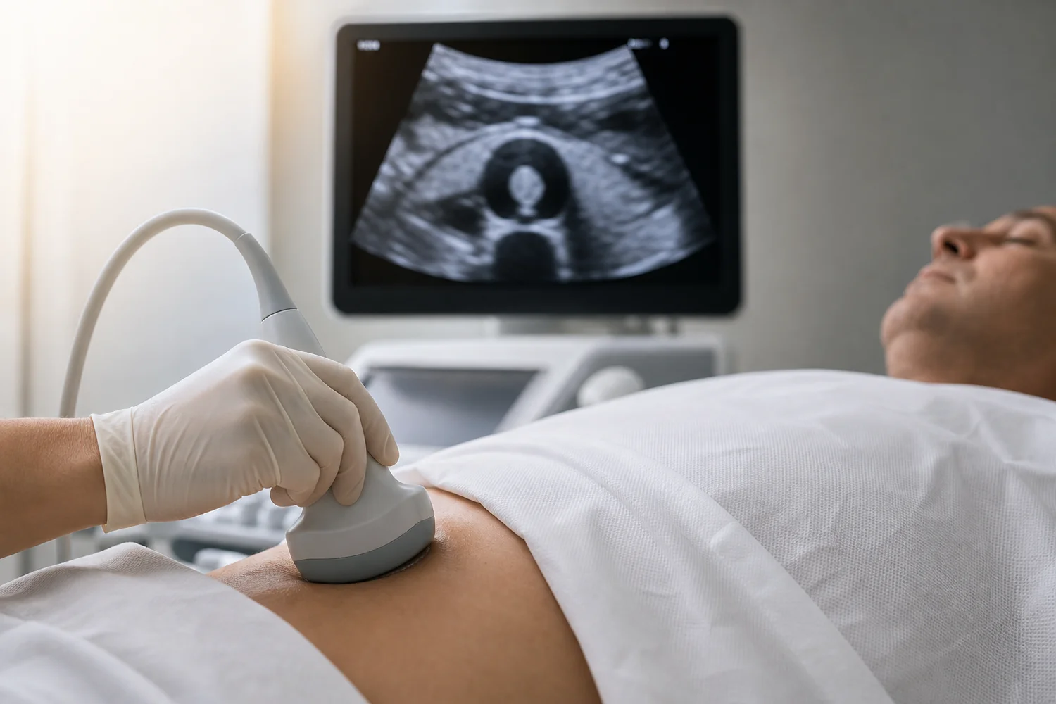 KCM Clinic aortic ultrasound screening showing a clinician performing an abdominal scan on a patient in a calm clinical setting
