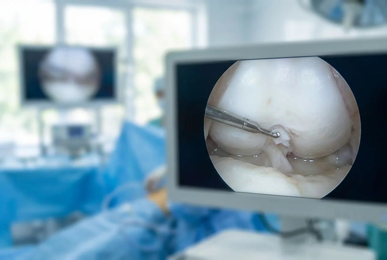 Endoscope-guided arthroscopic view of a knee joint on a surgical monitor, with a surgical instrument visible inside the joint