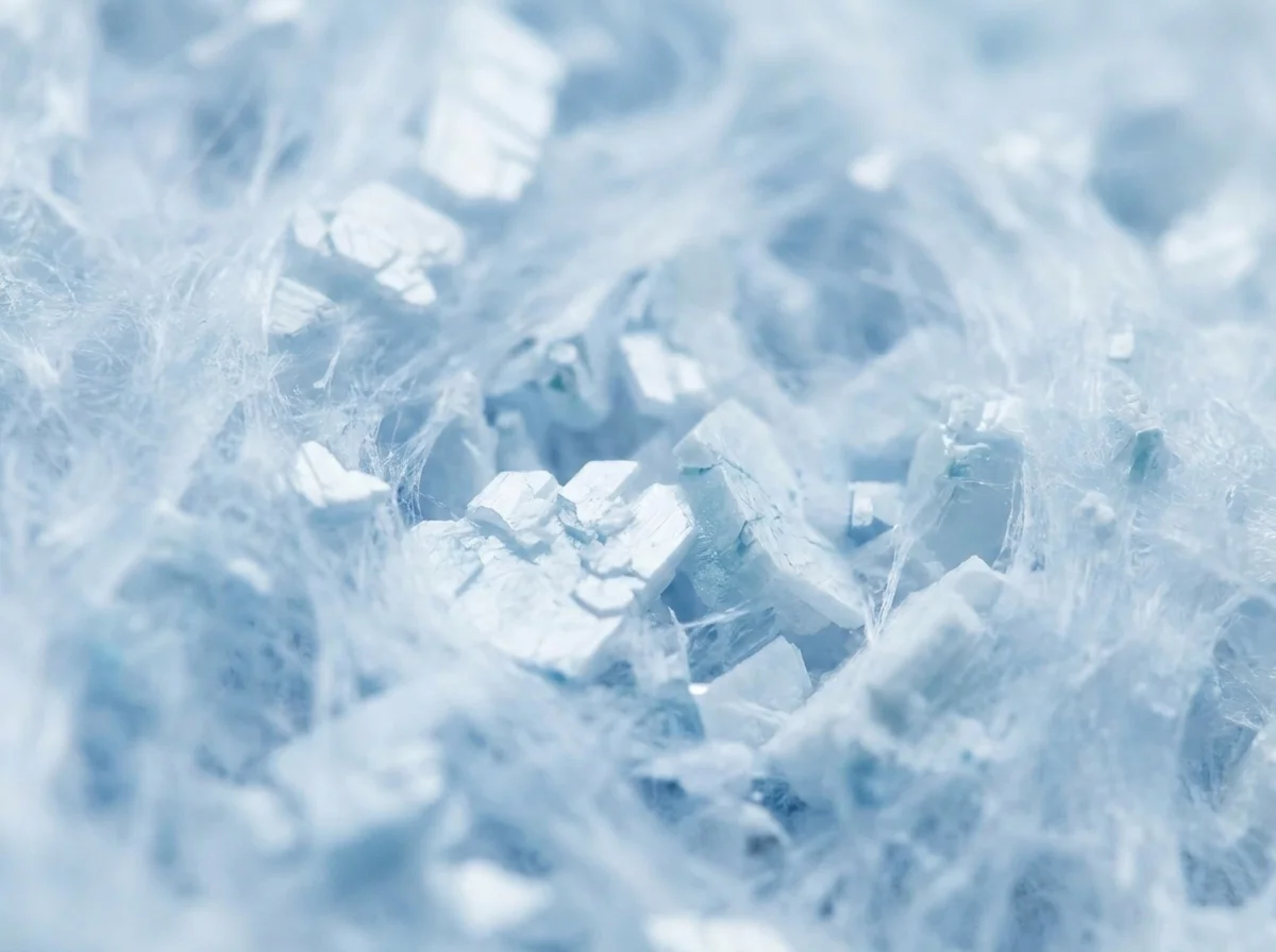 Abstract microscopic-style illustration of calcium pyrophosphate crystal formations in soft blue and white tones