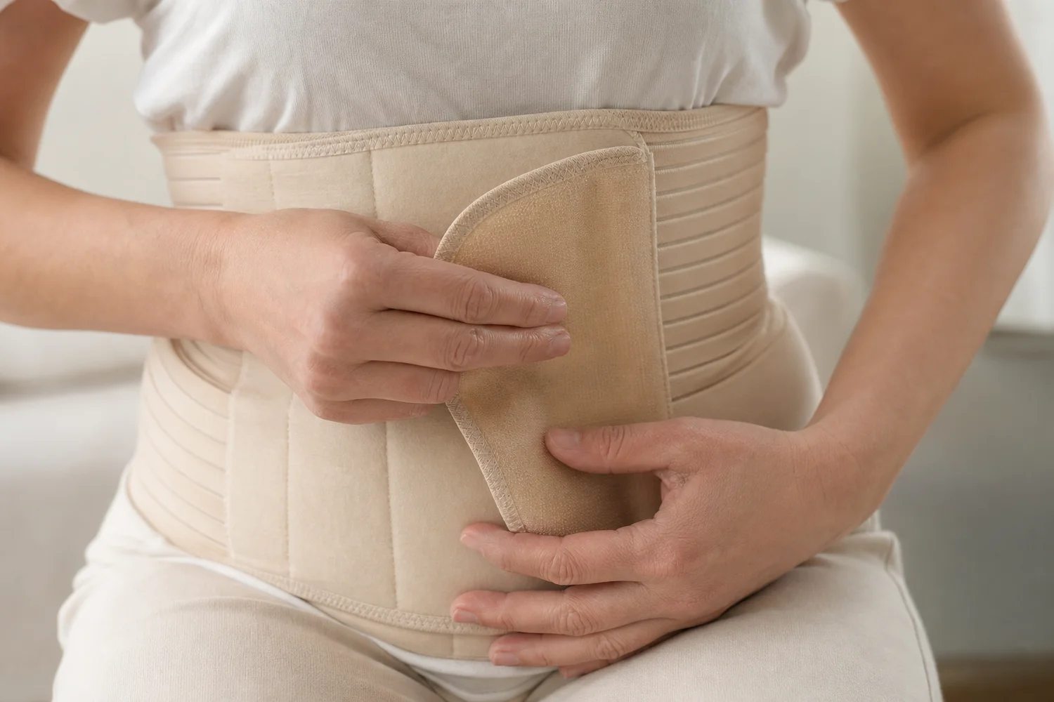 Close-up of hands adjusting a supportive abdominal compression garment for tummy tuck recovery