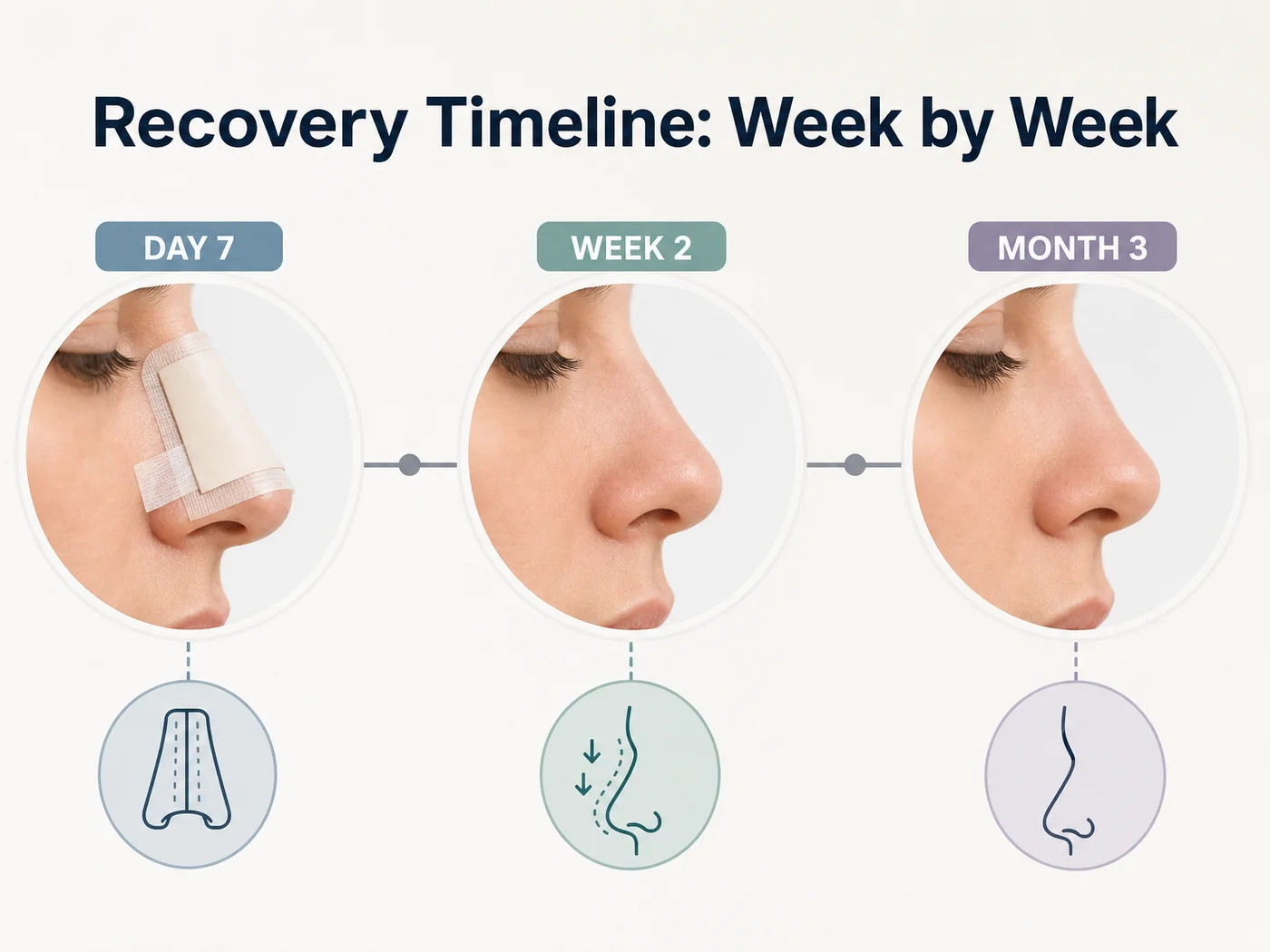 Ethnic rhinoplasty recovery timeline showing week-by-week swelling reduction milestones