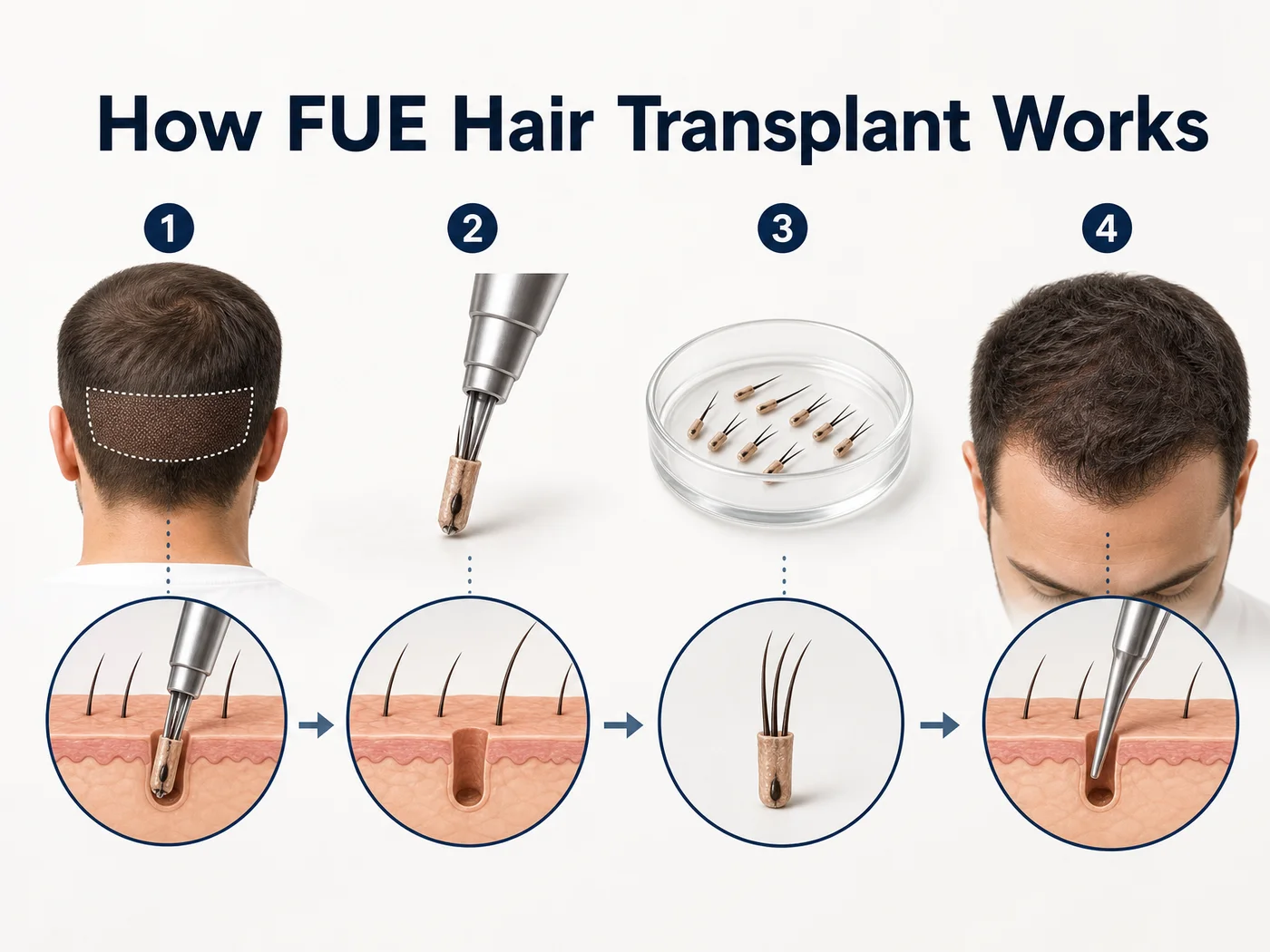 KCM Clinic FUE hair transplant procedure diagram showing the extraction and implantation stages