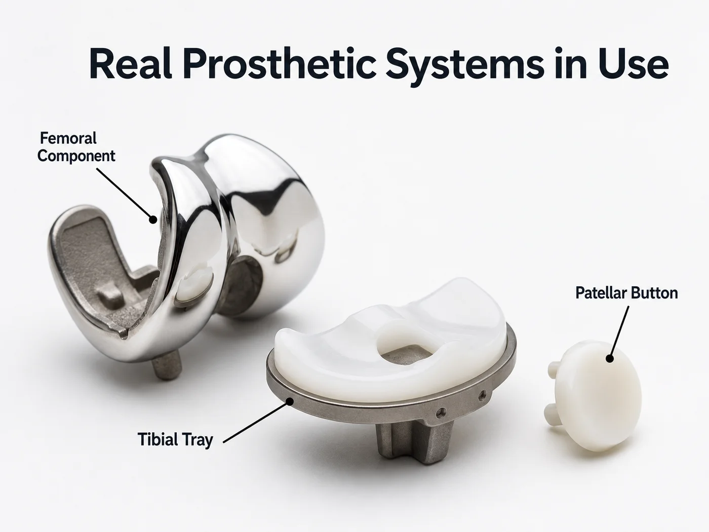 KCM Clinic knee implant components — femoral, tibial, and patellar parts modelled on Zimmer Biomet and Johnson & Johnson systems