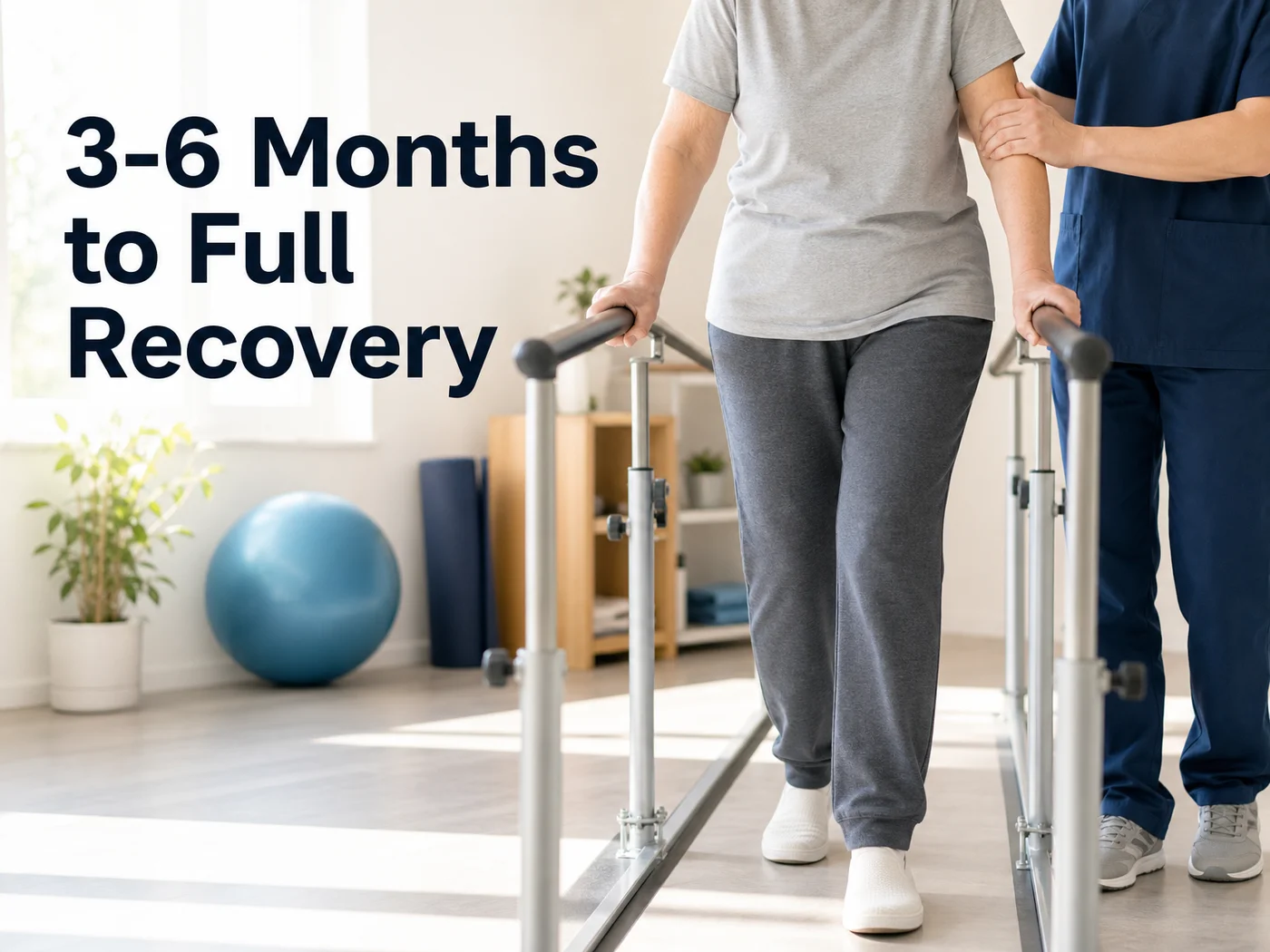 Patient using parallel bars during physiotherapy, illustrating partial knee replacement recovery time after surgery