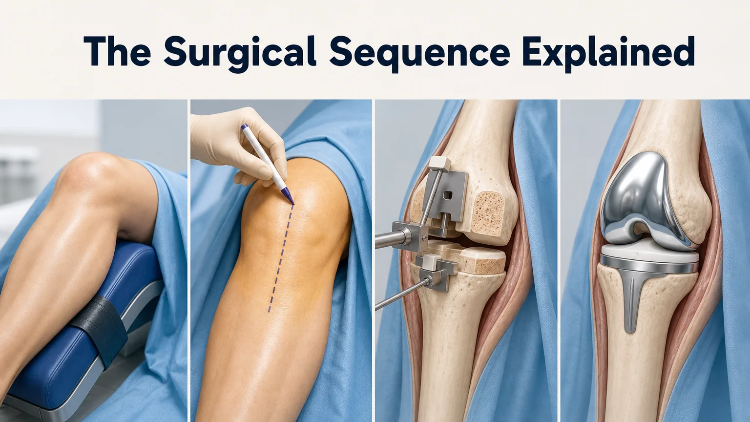KCM Clinic surgical sequence diagram showing knee positioning, incision marking, bone preparation, and implant placement