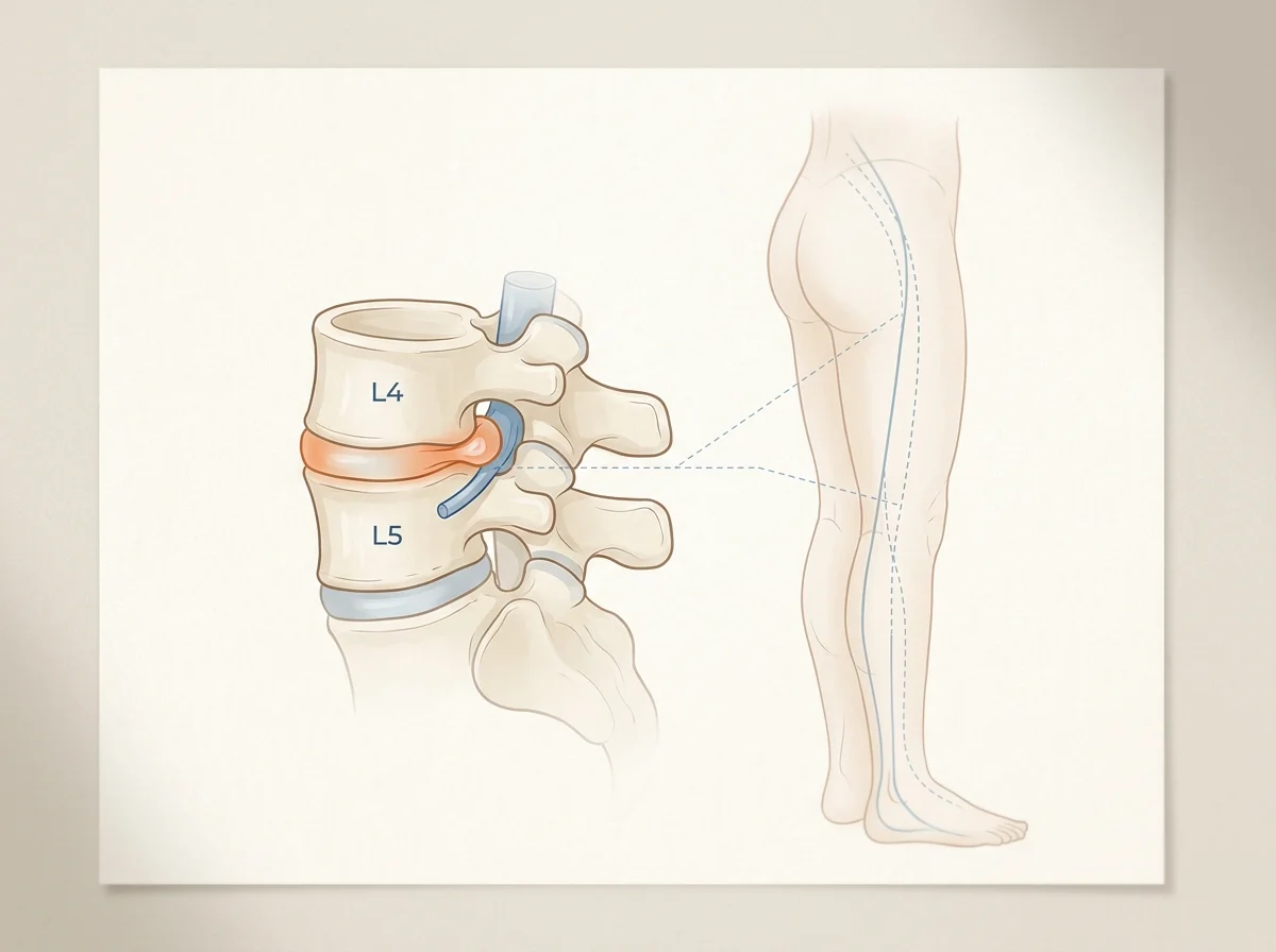 L4-L5 nerve compression diagram showing herniated disc material pressing on the nerve root with pain and numbness radiating down the leg to the foot