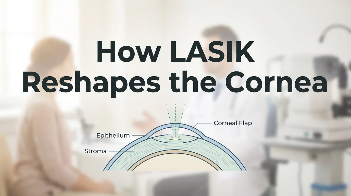 How LASIK reshapes the cornea diagram showing epithelium, stroma, and corneal flap layers