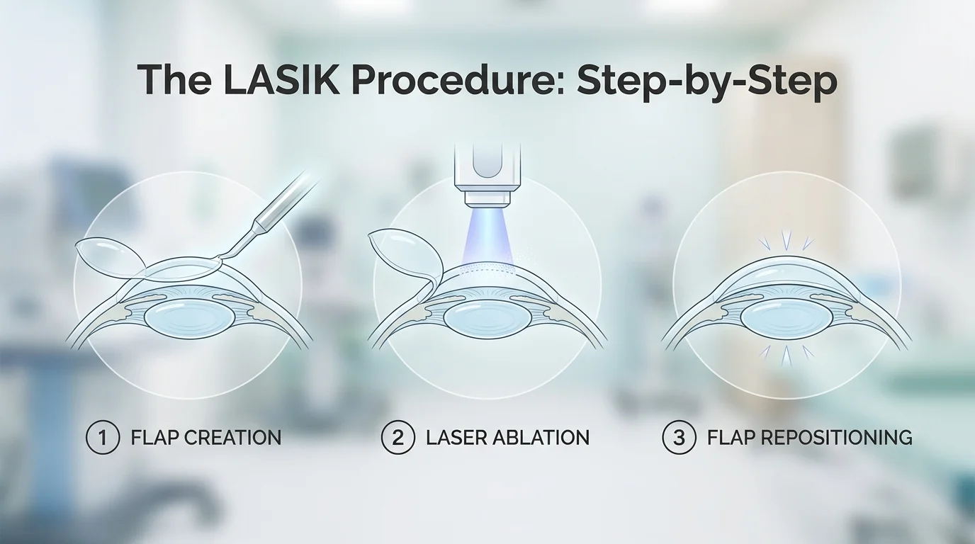 LASIK procedure steps showing flap creation, laser ablation, and flap repositioning