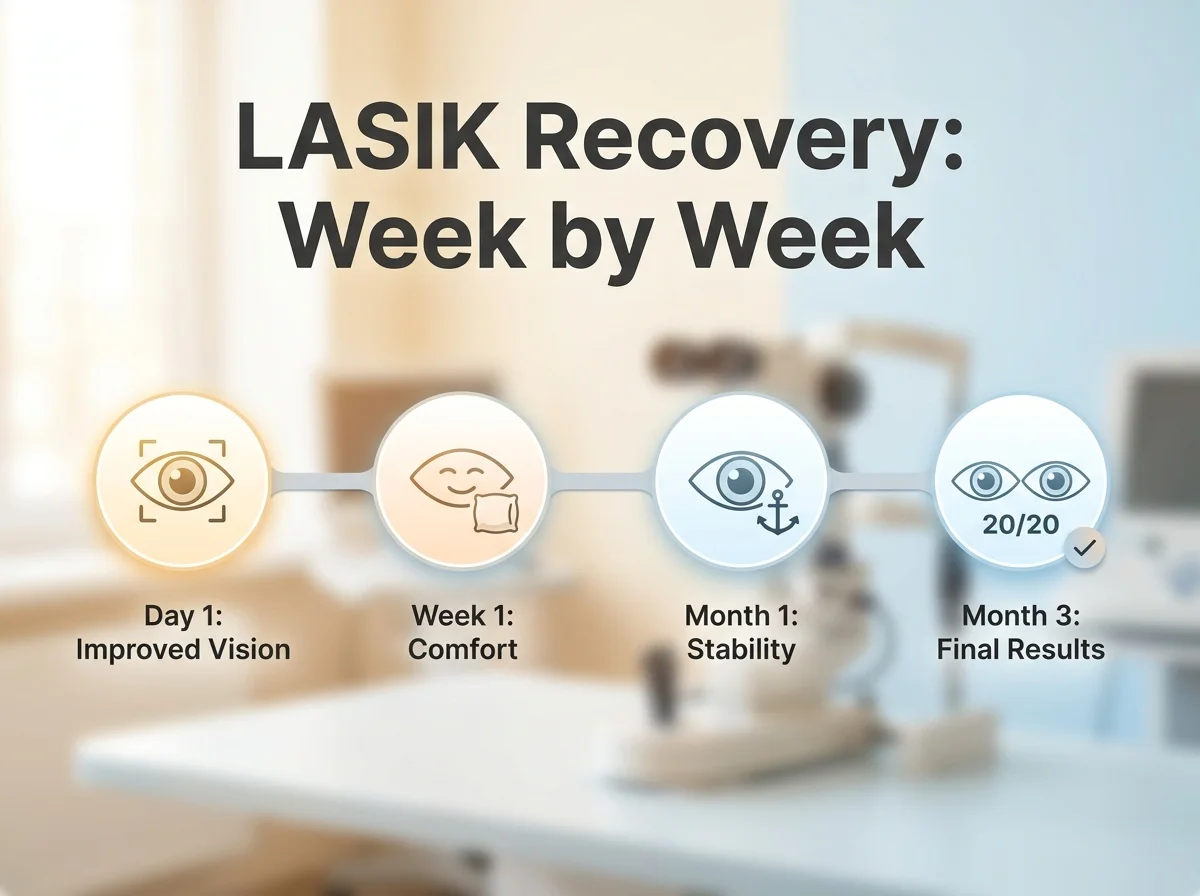 LASIK recovery timeline showing day 1 improved vision through month 3 final results milestones