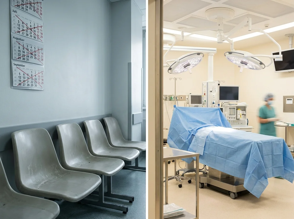 KCM Clinic comparison of NHS waiting times against private l4-l5 treatment options, showing a waiting room calendar beside a modern operating theatre