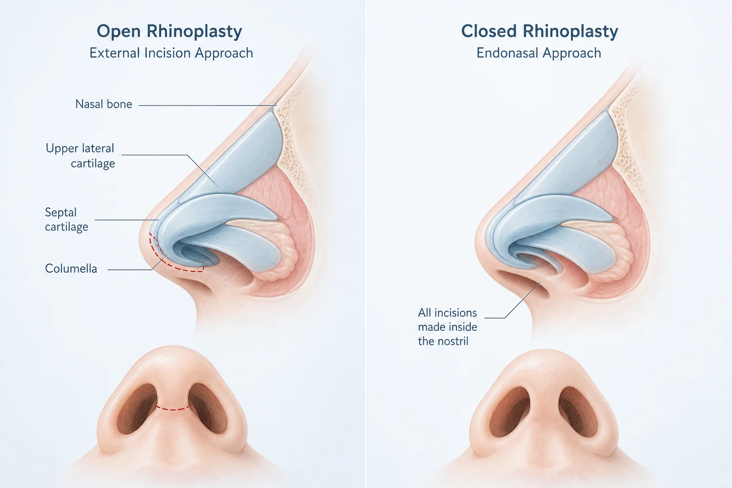Open incision versus closed rhinoplasty technique comparison diagram for ethnic nose surgery