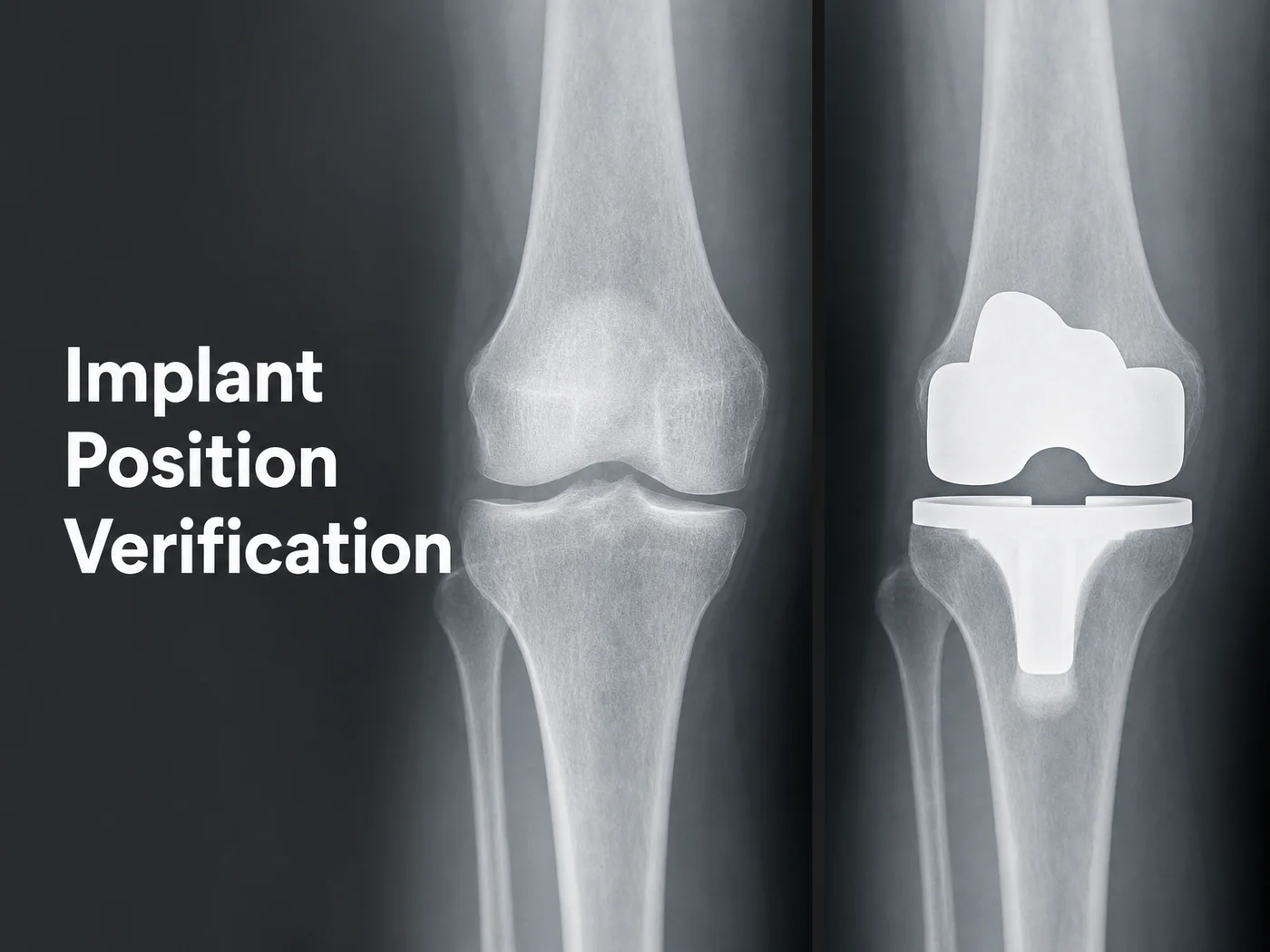 Illustrative diagram comparing pre- and post-replacement knee anatomy with implant positioning highlighted, styled as a clinical X-ray reference