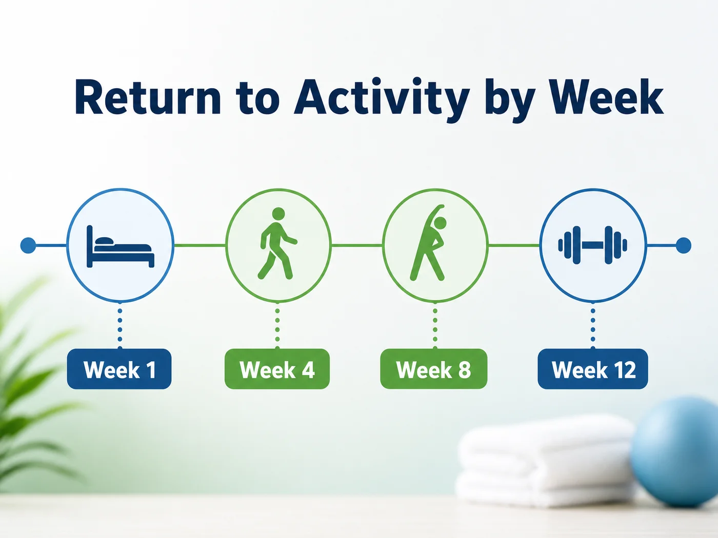Recovery milestones by week, from bed rest through gym clearance