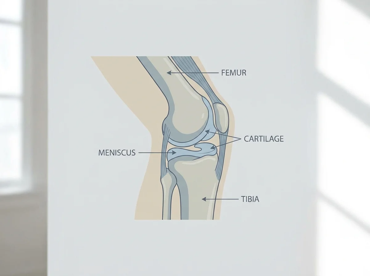 Knee anatomy diagram showing femur, tibia, meniscus, and cartilage relevant to total knee replacement