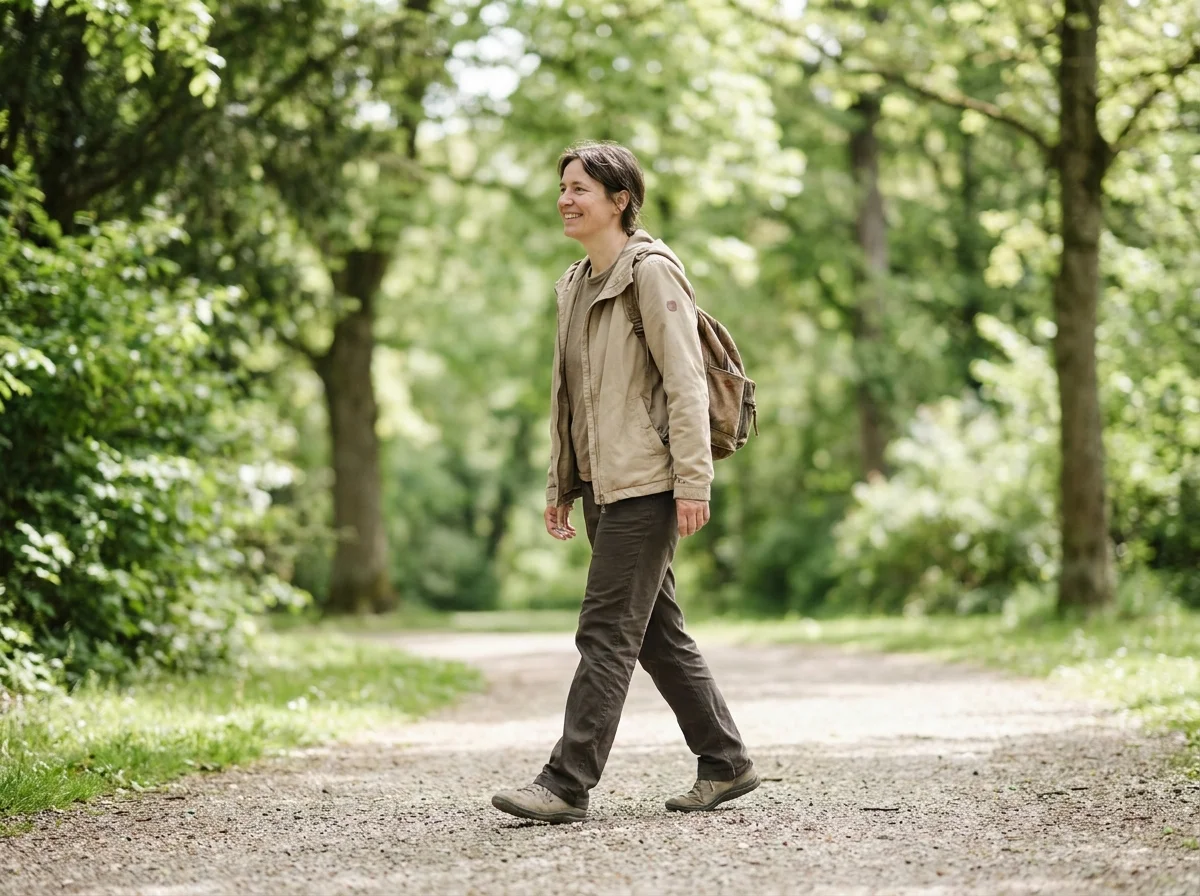 Patient at week four of tummy tuck recovery time walking confidently outdoors after surgery