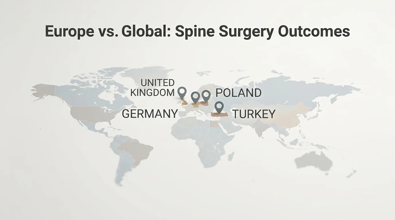 Infographic-style world map highlighting Europe vs. global spine surgery outcomes and regulatory standards