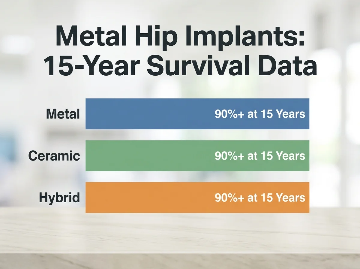 Infographic showing 15-year survival rate data for metal, ceramic, and hybrid hip implants across different age brackets