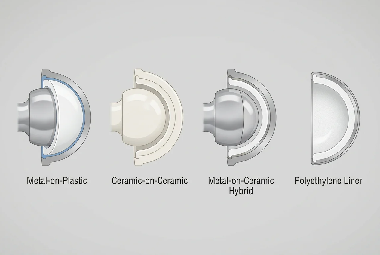 Side-by-side comparison graphic showing metal, ceramic, polyethylene, and hybrid hip implant cross-sections with material labels