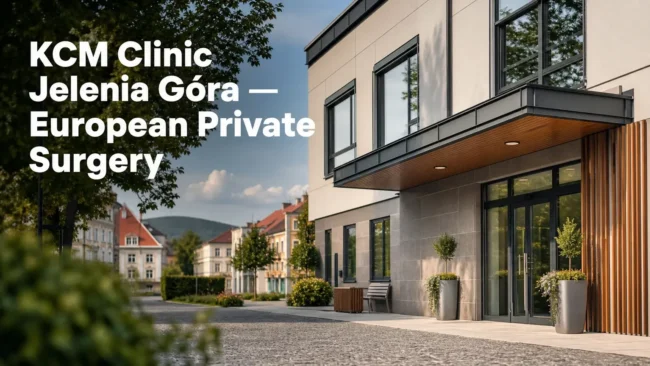 KCM Clinic Jelenia Gora hospital exterior showing the private surgical hospital entrance