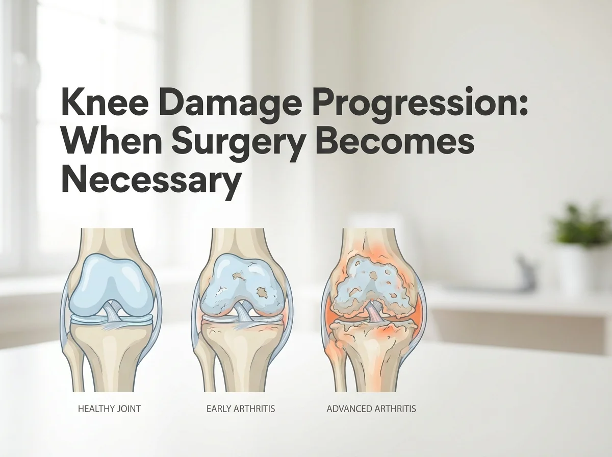 Knee arthritis progression diagram showing cartilage wear stages linked to arthritis and knee replacement decisions